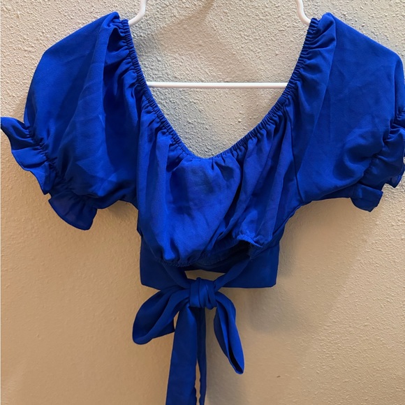 Blue Puff Sleeve Wrap Top - Picture 2 of 5